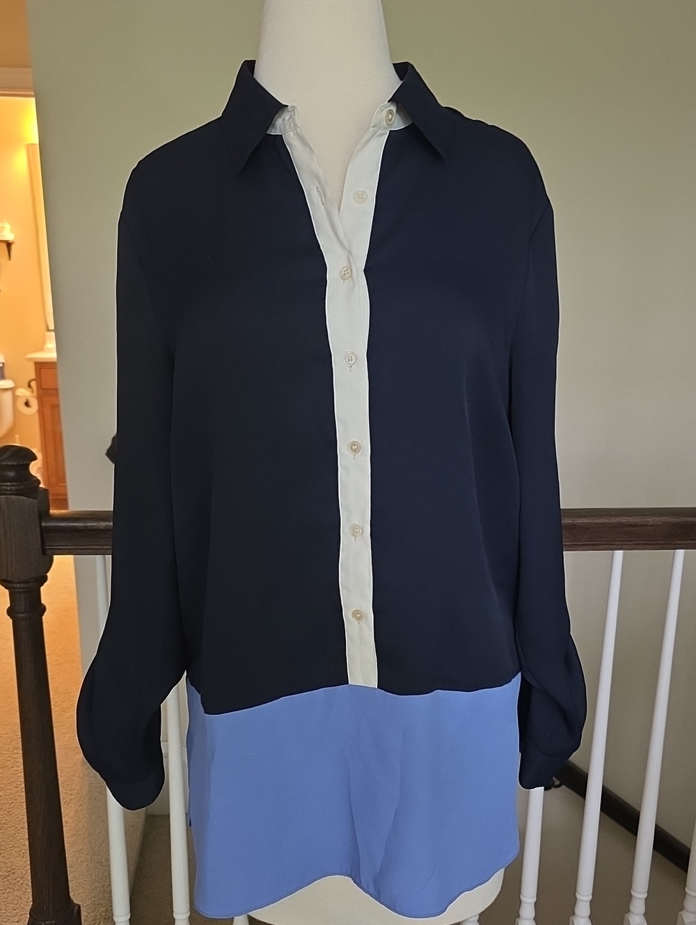 Talbots Navy, Light Blue and Ivory Colorblock Button-Down Blouse
